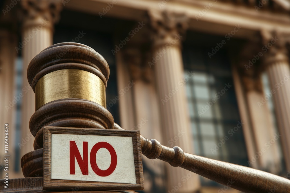 Poster a wooden judge's gavel with a 'no' sign, symbolizing denial or refusal