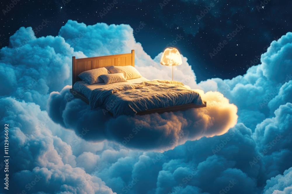 Poster a peaceful scene with a bed floating on a cloud in the sky