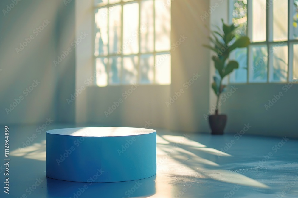 Poster a blue round table sits in front of a window, possibly used as a workspace or study area