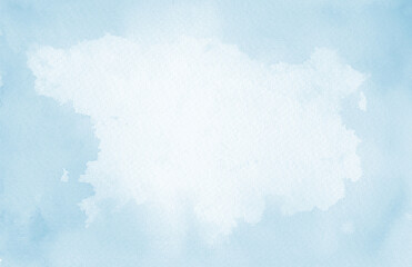 Watercolor light background with natural paper texture. Abstract watercolur blue pattern with blue splashes. Aquarelle painting with white copy space for banner design, greeting card in trendy style.