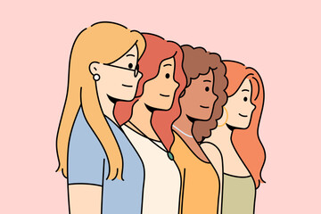 Woman power shows multinational girls standing in row, demonstrating their readiness for matriarchy. Woman power is movement founded by feminists to fight discrimination and harassment.