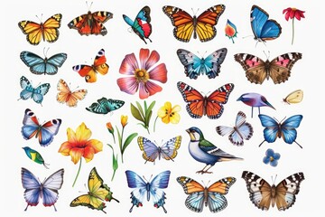 Colorful butterflies and flowers on a clean white surface, perfect for decorating or design projects
