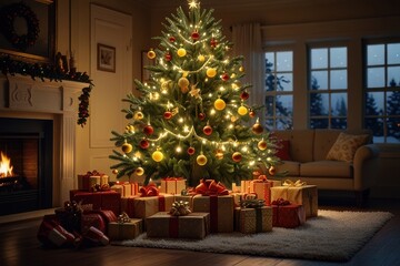 Christmas tree new year interior pine with gift decoration decor balls garlands