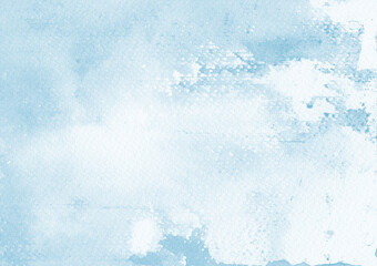 Watercolor light background with natural paper texture. Abstract watercolur blue pattern with blue splashes. Aquarelle painting with white copy space for banner design, greeting card in trendy style.