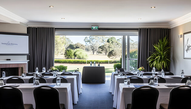 Elegant conference room with large windows overlooking a scenic golf course, ideal for business meetings or corporate events.