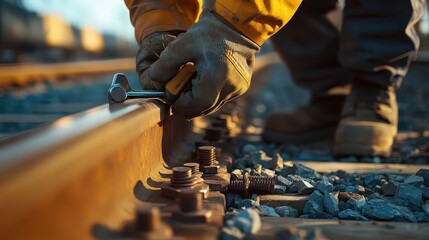  Maintenance worker tightening bolts on a railroad track with a wrench, tool belt visible, as shadows fall on the gravel ballast.