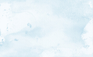 Watercolor light background with natural paper texture. Abstract watercolur blue pattern with blue splashes. Aquarelle painting with white copy space for banner design, greeting card in trendy style.