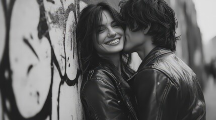  Two people in leather jackets leaning against a graffiti-covered wall, their tough appearances softened by warm smiles and playful gestures.