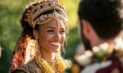 Smiling bride, ornate headdress, gold jewelry, joyous ceremony.