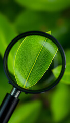 Green natural leaf through a magnifying glass on a blurred background. plant research concept. Natural plants, close-up of leaf vein isolated with white highlights, png