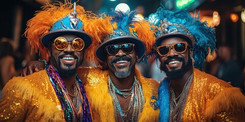 Obraz premium Vibrant display of joy and cultural celebration as three individuals in gold and blue attire with feathered hats and glasses pose together at a festive event.
