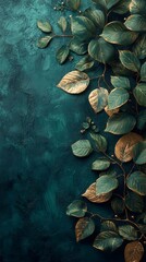 The background is a dark green, with golden borders and leaves on the right side. It has a minimalist style and an elegant design. The left half uses a dark blue as its main color tone, while the bott