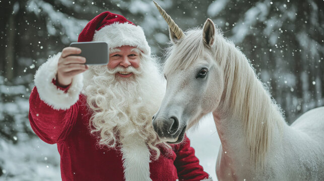 Santa Claus toma una selfie con su m&oacute;vil junto a un unicornio