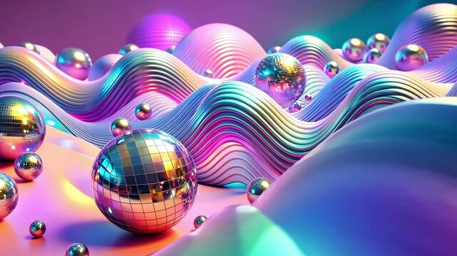 Vibrant waves of metallic spheres moving through a abstract landscape