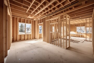 Fototapeta premium The interior of a home in the construction phase, featuring wooden framing, unfinished walls, and bright sunlight streaming through the windows. Generative AI