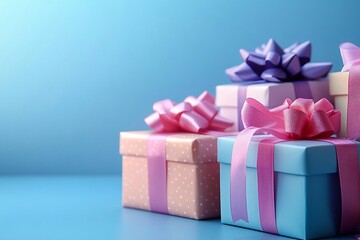 The background is blue, with colorful gift boxes placed on the right side of it. The gift boxes have pink and purple ribbons tied around them. There should be no other objects in front of or behind th