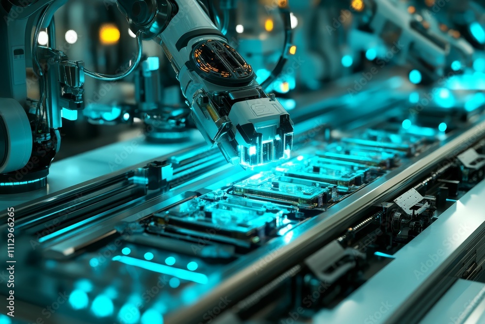 Poster automated machinery assembles circuit boards.