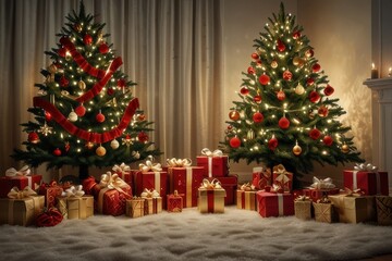 Christmas tree new year interior pine with gift decoration decor balls garlands