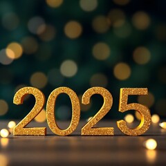 Golden, glittery '2025' numbers shimmer against a dark festive background with soft bokeh lights. The design includes ample blank space for custom messages, making it perfect for New Year greetings.