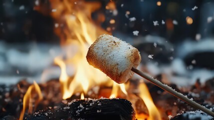  Golden-brown marshmallow on a stick toasting over campfire, evoking warmth and outdoor fun.