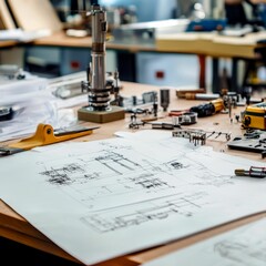 Sketch, tools, and components on a workbench.