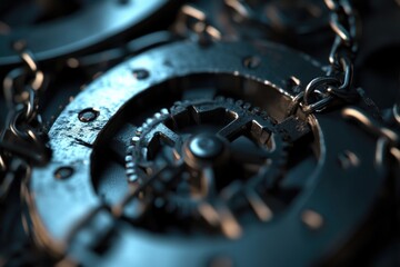 A close-up view of a clock surrounded by a chain, ideal for use in designs related to time, jewelry, or protection