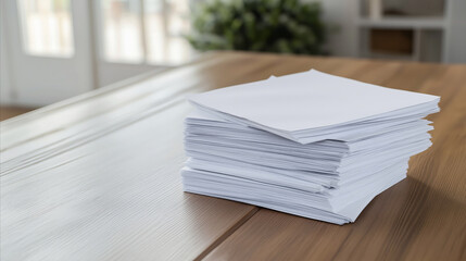 Organized stack of papers with a pen on a desk in a modern, well-lit office with greenery in the background.