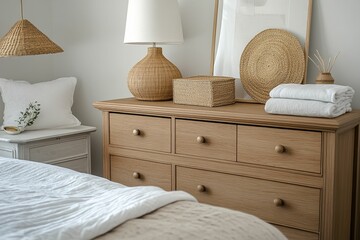 Wooden dresser, woven decor, lamp, towels, bedding.