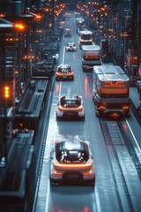 Futuristic vehicles travel on illuminated highway.