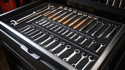 Obraz premium Neatly organized wrenches and tools in black toolbox drawer, highlighting precision, order, and efficiency for industrial or mechanical work.