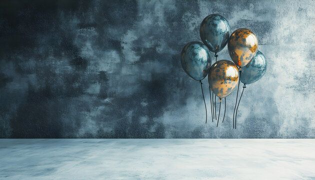 Metallic balloons float against a textured grunge backdrop, offering a stylish and atmospheric image perfect for design projects or celebrations.
