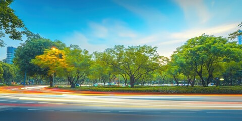 A serene city park captured during a tranquil evening, showcasing a harmonious blend of lush green trees and dynamic light trails from passing vehicles.