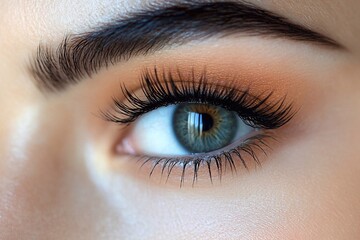 Obraz premium Close-up of perfectly applied eyeliner and lashes: A detailed shot of a woman’s eye, focusing on her expertly applied cat-eye eyeliner and voluminous lashes. The sharpness and symmetry of the makeup a