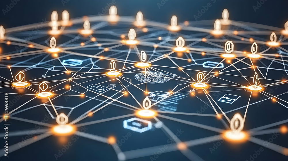 Poster abstract network connection concept image, glowing nodes and lines forming a complex web. represents
