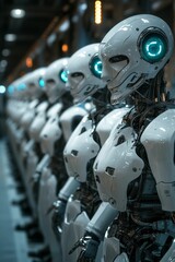 Fototapeta premium White robots line up, futuristic, gleaming, mechanical.