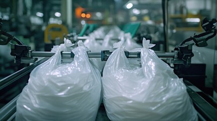 A line of plastic bags moving along a conveyor belt, often used in industrial or commercial settings