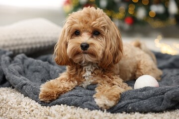 Cute Maltipoo dog on blanket at home