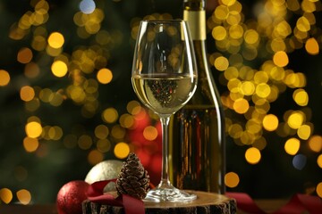 Glass and bottle of white wine with Christmas decor on table against blurred lights, closeup. Bokeh effect