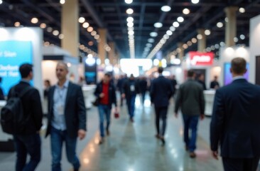Busy tradeshow in large convention hall with blurred attendees