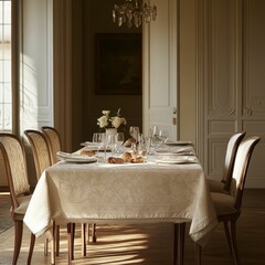 Elegant table setting, sunlight, formal dining room.