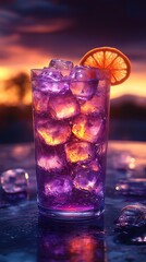 Beautiful purple drink captured gracefully with ice cubes and fresh orange picture