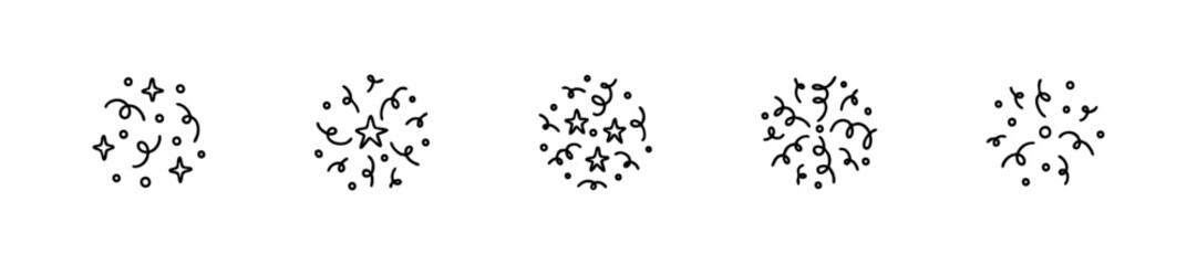 Cute line doodle firework and confetti set. Happy birthday, anniversary New year, xmas, purim, Diwali celebration. Burst, glitter, bling sketch scribble vector icon. Party design element