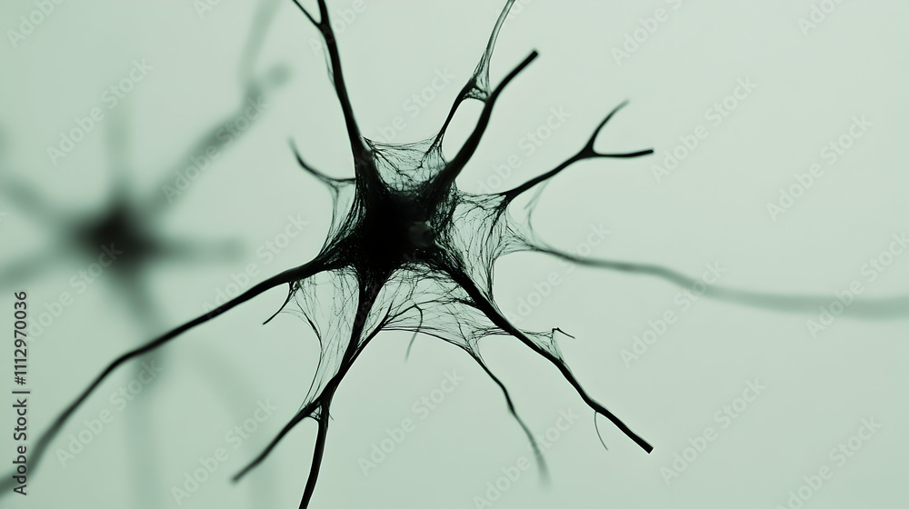 Poster microscopic view of a neuron, showcasing intricate network of dendrites and axon. abstract represent