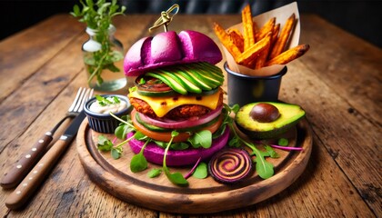 Fototapeta premium Purple vegan burger with avocado, sweet potato fries, and colorful vegetables on rustic wooden table