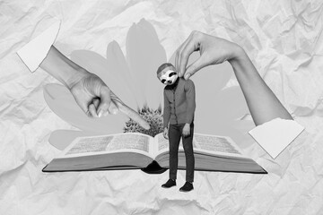 Collage photo of headless guy sloth head has to learn more information materials finger point book...