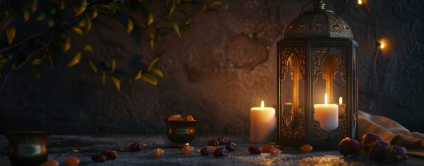 Illuminated Lantern with Dates on Wooden Table - Ramadan Illustration
