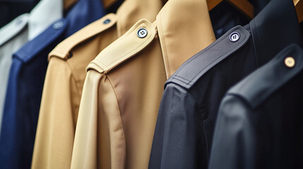 A collection of stylish trench coats in neutral shades of camel, navy, and black, neatly arranged in a boutique. The close-up showcases the smooth gabardine fabric, epaulets, and d