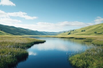 A peaceful river runs through a lush green valley with rolling hills and dense forest
