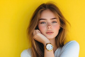 A close-up of a woman wearing a watch on her wrist, possibly emphasizing the importance of punctuality or showcasing a fashionable accessory