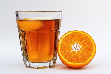 A glass of orange juice sits next to a cut orange, ideal for a healthy snack or beverage